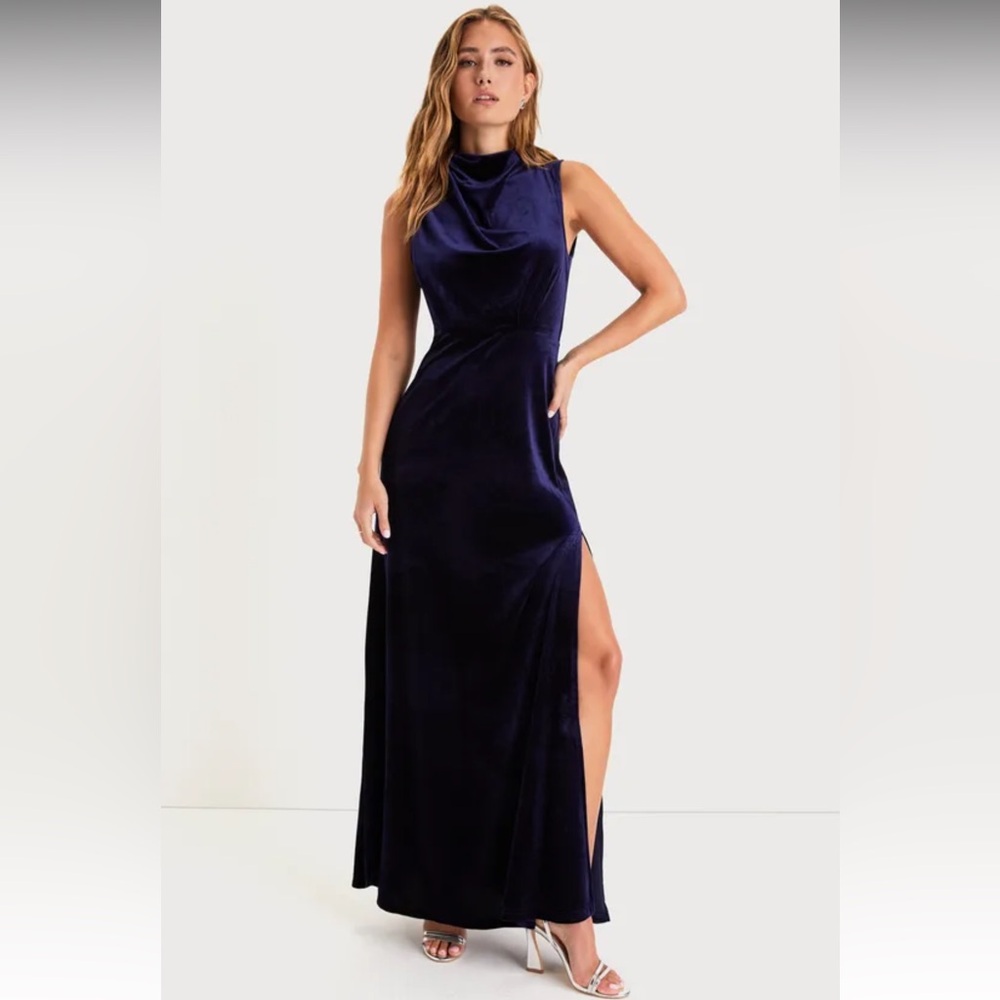 Lulus Classic Elegance Navy Velvet Sleeveless Mock Neck Maxi Dress